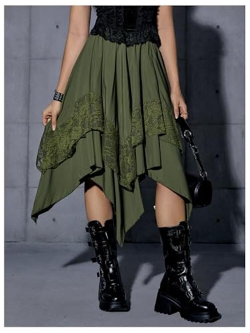 Olive Green Renaissance Fairycore Lace Handkerchief Hem Midi Skirt - Picture 5 of 6